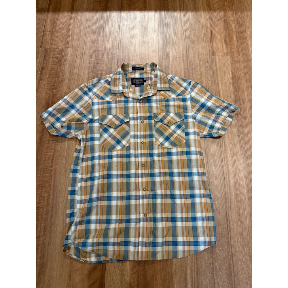 Pendleton Frontier Shirt Mens M Tan Blue Plaid Western Snap ShortSleeve ButtonUp